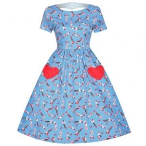 Lindy Bop Blue and Red Heart Midi Dress